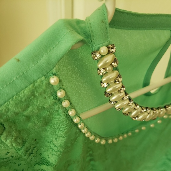 Sheer Vintage Green Lace and Pearls Sheer Shirt - Picture 4 of 4